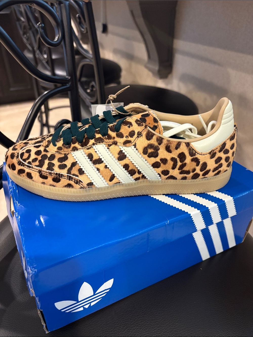 adidas Samba OG Leopard Print with White Stripes and Dark Green Laces - Picture 2 of 5